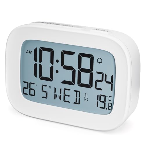 HOMVILLA Reloj Despertador Digital Pilas Pequeño con Temperatura, Retroiluminación, Fecha y Día de la Semana, Zumbador Fuerte, 12/24H, Snooze para Dormitorio y Viajes (2 Baterías AAA Incluidas)