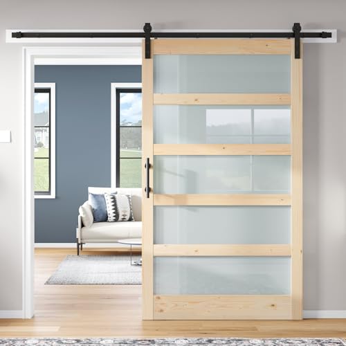 ROYMELO 48x84 inch Glass Sliding Barn Door Slab with 8ft Hardware Kit Included 5-Panel Frosted Glass Spruce Wood Support DIY Dyeing Easy Assembly