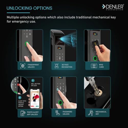 Image of Denler F6 7-in-1 Smart Door Lock | Inbuilt Wi-Fi | Anroid & iPhone app Support | Fingerprint | RFID Card | PIN | Key | Rechargeable Battery | 5 Years Warranty for 35 to 100mm Doors