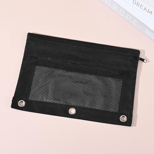 Bolsa de lápis para fichário de 3 anéis, organizador de malha de duas camadas, bolsa de suprimento de cor sólida de grande capacidade para fichários e cadernos
