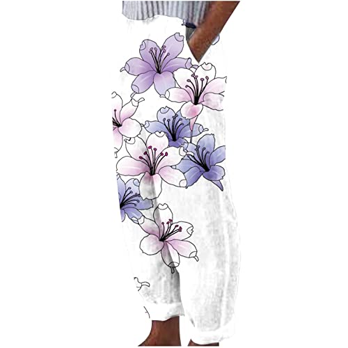 Pantalones de lino para mujer, estampado floral, pantalones anchos transpirables, pantalones de verano de cintura alta, pantalones de corbata, pantalones rectos para el tiempo libre, pantalones de