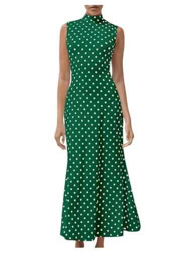 Image of Milumia Women's Polka Dots Maxi Tank Dress Vintage Mock Neck Sleeveless Elegant Long Dresses