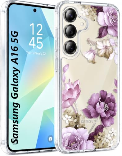 Image of Elzzi Clear Transparent Flower Cover for Samsung A16 5g Case Shockproof Case Floral Design Camera Protection Shockproof PC+TPU Transparent Flower Cover for Girls & Women (Deep Purple)