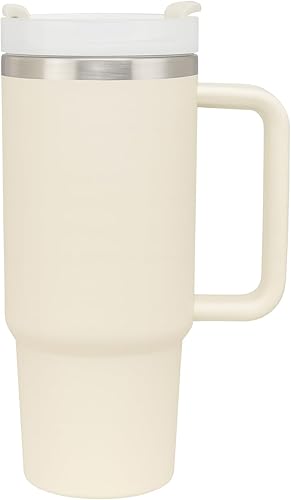 Termo de acero inoxidable de 30 onzas- Taza con asa, doble pared, tapa hermetica y popote- Mantiene bebidad frias o Calientes- Beige o Negro, ideal