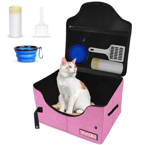Petskd High Sides Portable Travel Litter Box for Cats with Lid and 10 pcs Liner Bags Light Weight and Leak-Proof for Road Trips Hotel Stays Car Travel(Pink)