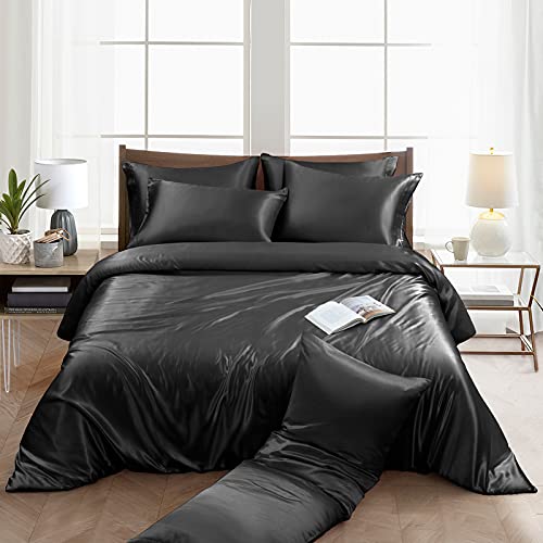 Image of Ersmak 6 Pieces Satin Duvet Cover Full /Queen Size Luxury Silky Bedding Duvet Cover Set with 1 Soft Duvet Cover, 4 Queen Pillowcases and 1 Body Pillowcase, Black