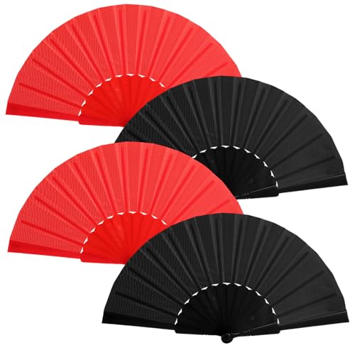 Blulu 4 Pieces Handheld Folding Fan Small Chinese Hand Fans in Oriental Cloth Fabric for Dancing, Party, Wedding Gifts, Craft DIY, Home Decorations (Black and Red)