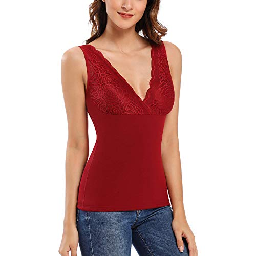 Thermal Underwear for Women Fleece Lined Lace Cami Tank Top V Neck Sleeveless Shirts (Red, XL)