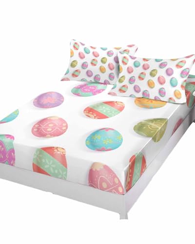 Ruian Store Juego de 3 piezas de sábana bajera y funda de almohada de Pascua, tamaño King, colorido huevo sobre blanco, ropa de cama con estampado decorativo de bolsillo profundo para decoración de