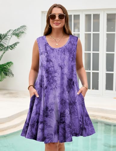 Image of JollieLovin Women Plus Size Curvy Summer Tank Sun Dresses Sleeveless Causal T-Shirt Dress Beach Swing Cover up(L-5X)