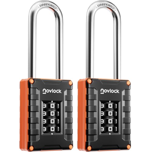 NOVLOCK Candado de combinación arco largo de 7 cm – de alta seguridad, candado numérico de 4 dígitos – para taquillas, armarios, trasteros, vallas, portones y cobertizos – pack de 2, negro/naranja