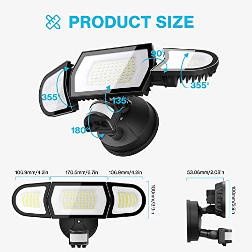Olafus 100W Led Security Light Motion Sensor Outdoor Light, Flood Light With 3 Adjustable Heads, 9000Lm Super Bright 6500K Exterior Motion Floodlight For Garage Yard Porch Patio Eave, Ip65 Waterproof #TOP4