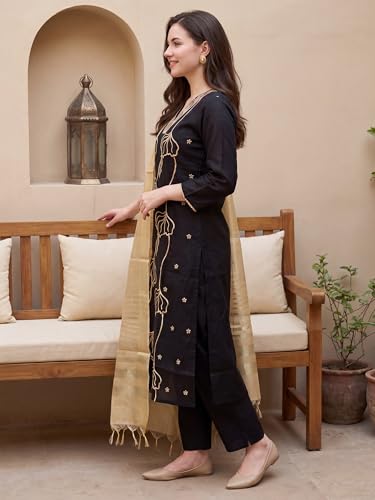 Image of INDO ERA Women's Cotton Blend Solid Straight Kurta Palazzo With Dupatta Set