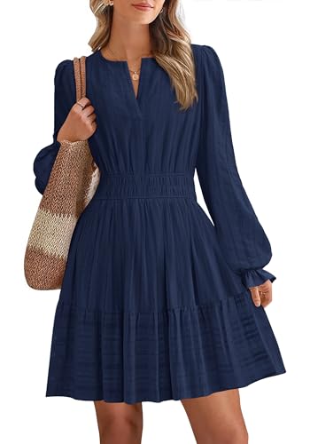 BTFBM Mini Dresses for Women 2026 Casual Lightweight Long Sleeve V Neck A Line Elastic Waist Party Holiday Dress(Navy, Medium)