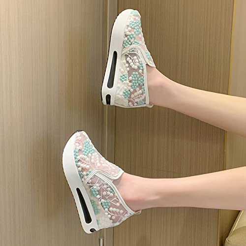 Hbeylia Platform Wedge Fashion Sneakers For Women Embroidery Floral Mesh Air Lace Chunky Sole Hidden High Heels Slip On Loafers Walking Work Shoes Arch Support Low Top Play Sneakers Loafers #TOP3