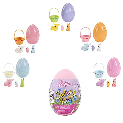 Barbie HCC74 Colour Reveal Animal Friend with 6 Surprises: Easter Egg Container with Metallic Blue Lamb, 3 Surprise Bags with 2 Mini Animals and an Easter Basket, Gift for Children from 3 Years - Image 4