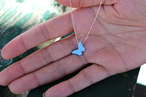 Echmeck Handmade Mini Light Blue Created Opal Butterfly Pendant Necklace With Sterling Silver Chain 16+2 Inches #TOP5