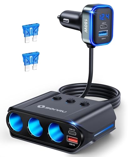 7 in 1 Cigarette Lighter Splitter 180W [Dual PD & QC 3.0] Car Charger Adapter 12V/24V Car USB Adapter Multi Socket with Voltmeter Fast Charging for iPhone 17/16/15 Samsung Galaxy Laptop Car Devices