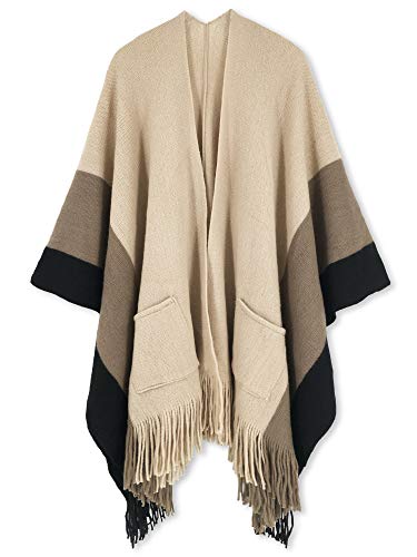 Spicy Sandia Color Block Ponchos for Women Fringe Shawl Pockets Wrap Open Front