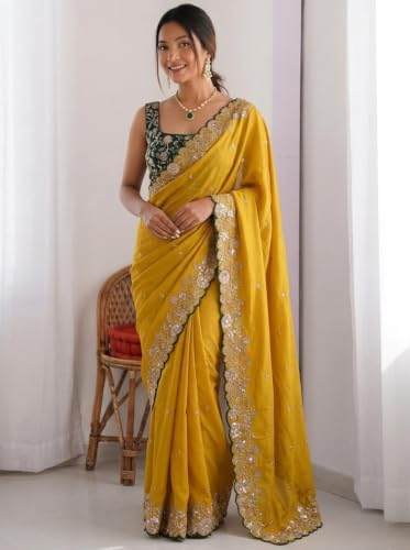 Image of ORHANS Women's Chiffon Saree with Unstitched Blouse Piece Heavy Embroidery Work | Beautiful Saree for Women | Traditional Indian Sari Stylish | Fashionable Saree Modern Design