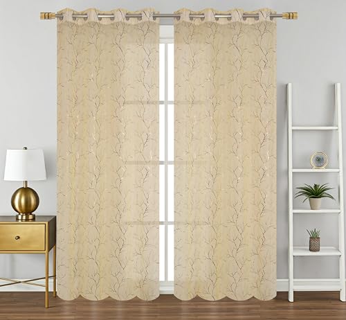 Image of Homefab India Multi Foil Transparent Sheer Curtain - 7 X 4 Feet, Door Curtains, Beige, Pack of 1 Piece