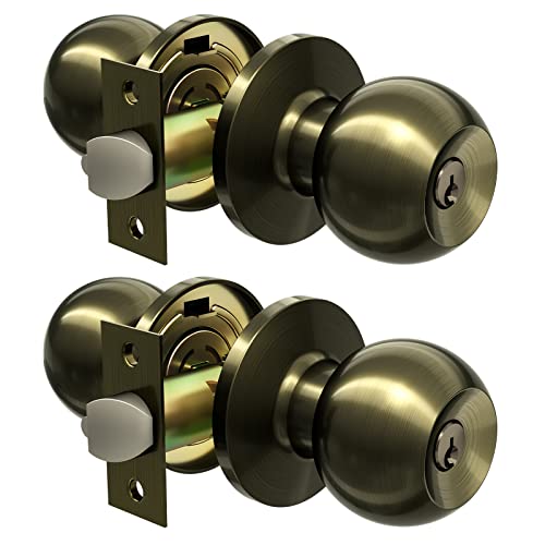 Vicmeon 2 Pack Door Knob With Lock And Keys, Entry Door Knobs Exterior, Locking Door Knobs With Keys, Round Ball Door Knobs For Bedroom, Antique Brass #TOP4