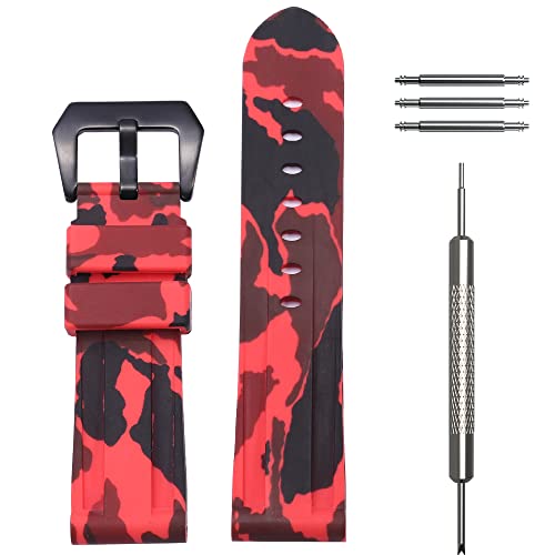 WRISTARMOR Uhrenarmband für Herren, aus weichem Gummi, geeignet für Panerai, PAM-Armband, wasserdicht, 24 mm, Camouflage-Rot, schwarze Schnalle Cover