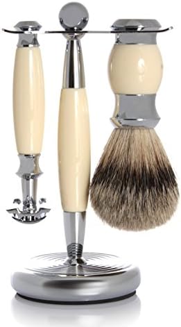 GOLDDACHS Shaving Set, Safety Razor, Finest Badger, White/Silver