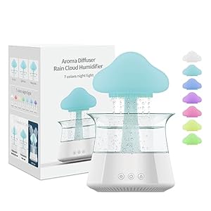 Rain Cloud Humidifier Water Drip – Mushroom Aroma Diffuser, Essential Oil Diffusers, 300ml White Noise Aromatherapy Diffusers with 7 Colors Cloud Lights for Home, Large Room, Office – White