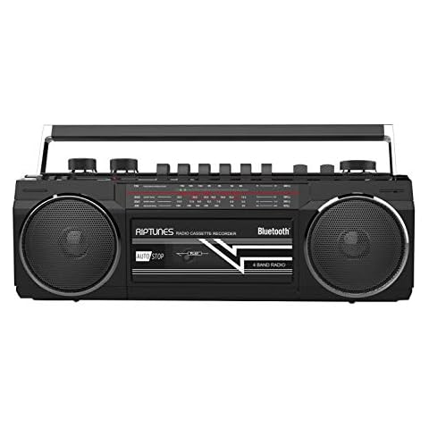 Riptunes Cassette Boombox, Retro Blueooth Boombox, Cassette Player and Recorder, AM/FM/SW-1-SW2 Radio-4-Band Radio, USB, SD, and Aux in, Black Cover