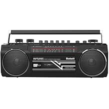 Riptunes Cassette Boombox, Retro Blueooth Boombox, Cassette Player and Recorder, AM/FM/SW-1-SW2 Radio-4-Band Radio, USB, SD, and Aux in, Black