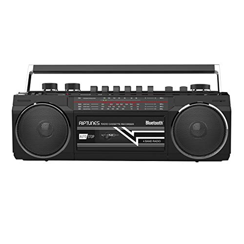 Riptunes Cassette Boombox, Retro Blueooth Boombox, Cassette Player and Recorder, AM/FM/SW-1-SW2 Radio-4-Band Radio, USB, SD, and Aux in, Black by Riptunes - Used condition - US$34.48