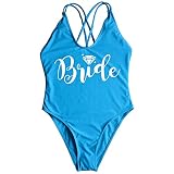 Bride Letter Print Diamond Pattern One Piece Swimsuit Bathing Suits (Blue Bride, Large)