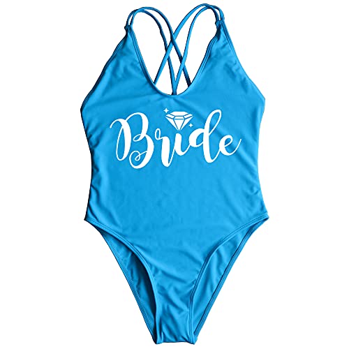 Bride Letter Print Diamond Pattern One Piece Swimsuit Bathing Suits (Blue Bride, Large)