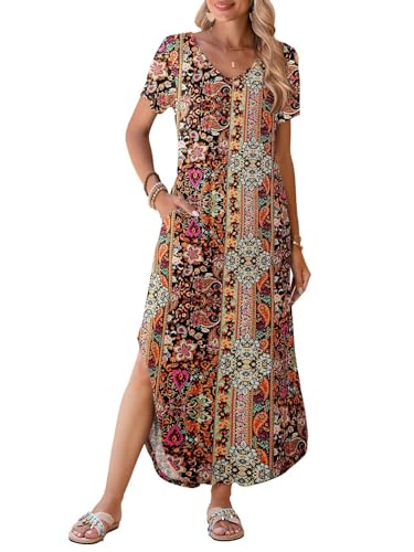 Image of BELAROI Plus Size Maxi Dress for Women Summer Casual V Neck Short Sleeve Long Dress with Pockets Beach Vacation Cover Up