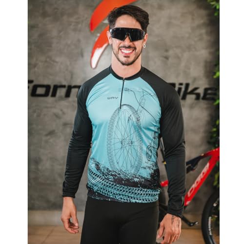 Conjunto de Ciclismo Masculino Camisa Manga Longa Azul + Calça Acolchoada Forro GEL Bike Roupa Cicli