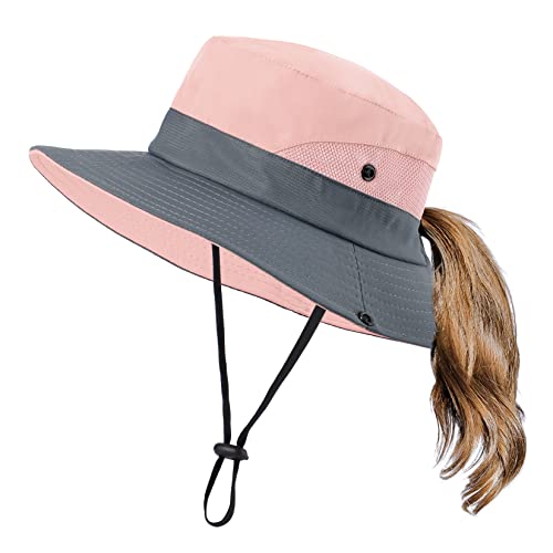 Kids Girls Sun Hat With Ponytail Hole Wide Brim Uv Protection Bucket Cap Foldable Summer Beach Fishing Hats For Girls Pink 5-12 Years #TOP19