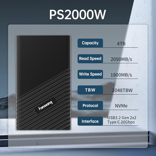 Image of fanxiang 4TB External SSD Portable, Up to 2000MB /s, USB C External Solid State Drive External Hard Drive, USB 3.2 Gen2*2 Type-C SSD for iPhone 15 /Pro /PC /Laptops /Creators /Gaming PS2000W-NEW