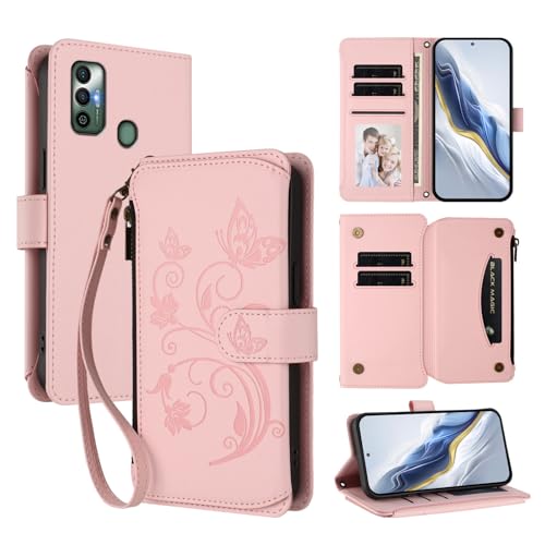 Rfvzubemok Compatible with Tecno Spark 7 4G,Compatible with Tecno Spark 7T 4G Flip Kickstand Zipper Card Slot Wallet, Protective Case Pink