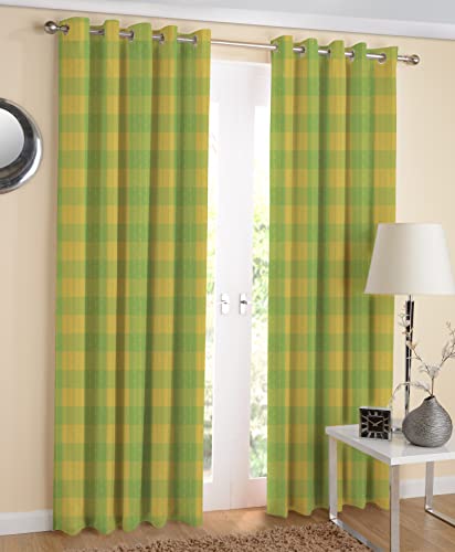 AIRWILL, Cotton Checkered Pattern Door - 4x7ft Curtains - (Pack of 2 pcs) - Green, Yellow