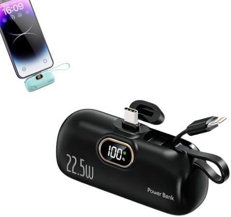 Mini Portable Power Bank 5000 mAh, Built-in USB C Connector (Black,for Lightning)