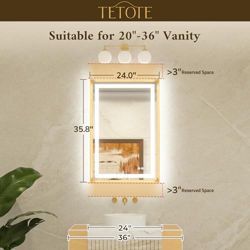 TETOTE 24 x 36 Bathroom LED Mirror Brushed Gold Metal Frame Frontlit & Backlit Vanity Mirror Anti-Fog Stepless Dimmable 3 Colors White/Warm/Natural Mirror with Lights Wall-Mounted by TETOTE - Image 7