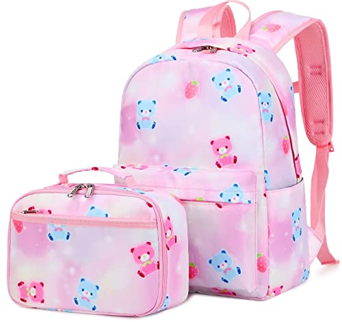 Soekidy Backpacks for Girls Backpack for School Fox Unicorn Backpack Kids Backpack Set, Preschool Bookbag, Pink, 25CM, Pink Bear