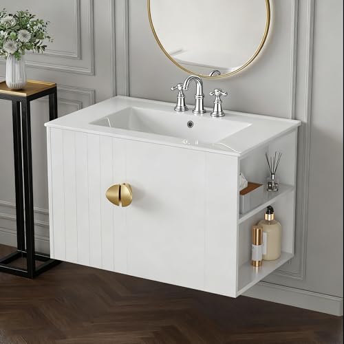 Findepot 30 Inch Floating Vanity Bathroom with Sink, White Painted