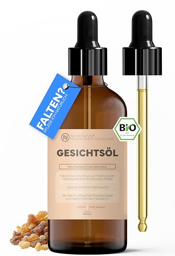 BIO Gesichtsöl: Rizinusöl, Jojobaöl, Weihrauch & Vitamin E; Nährt & pflegt Falten, Linien, trockene oder rissige Haut; Natürliche Anti Aging Pflege für strahlenden Teint & alle Hauttypen (100ml)