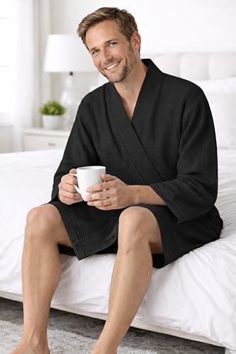 Image of Turkish Linen Men's Waffle Bathrobe Lightweight Kimono Spa Robe - Quick Dry Bath & Shower Robe for Men with Pockets