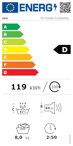 AEG Wärmepumpentrockner 8 kg, Serie 7000 SensiDry - Schonendes & Energiesparendes Trocknen, neue EKK D, Schontrommel, Weniger Bügelaufwand mit Reversierautomatik, Spart Zeit, Knitterschutz, TR7T50580