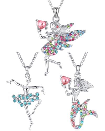 JEXOWIQ 3 pcs Colgantes para niña,collar de sirena,collar de bailarina,collar de hada de las flores,Bailando Bailarina Bailarina Ballet Colgante Collar Encanto Sorpresa Regalo de joyería para Niña