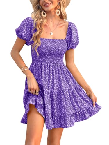Image of Veatzaer Women's Puff Sleeve Square Neck Smocked Babydoll Dress Boho Floral Print Off Shoulder Ruffle Mini Short Dress