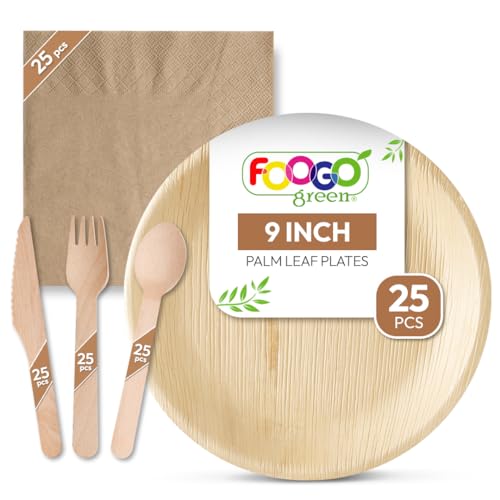 FOOGO Green 125pcs Disposable Palm Leaf Plates, Wooden Cutlery Set and Brown Napkins, FSC® Certified, 25x Large Round Plates, 25x Forks, 25x Knives, 25x Spoons, 25x Brown Napkins, Eco Biodegradable